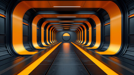 Obraz premium Industrial Sci-Fi Futuristic Metal Tunnel with Yellow Accents 