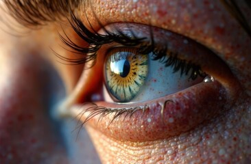 An enchanting close-up shot of a freckled eye, capturing the depth and beauty of the eye's natural colors and the intriguing texture of the freckles