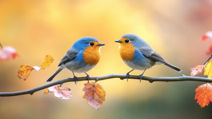 Fototapeta premium Charming European robins perched on a branch amidst vibrant autumn foliage, showcasing nature's stunning seasonal beauty and tranquility.