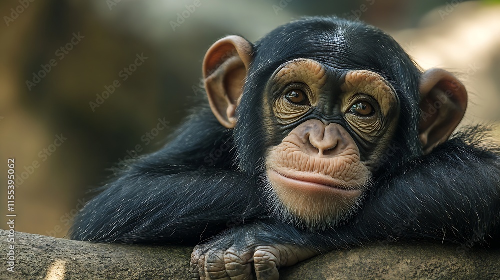Poster Thoughtful Chimpanzee Resting on Tree Branch Capturing Primate Expressions in Natural Habitat : Generative AI
