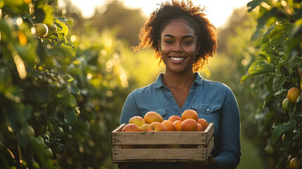 A confident young female farmer holding a crate of freshly picked fruit in a vibrant orchard
