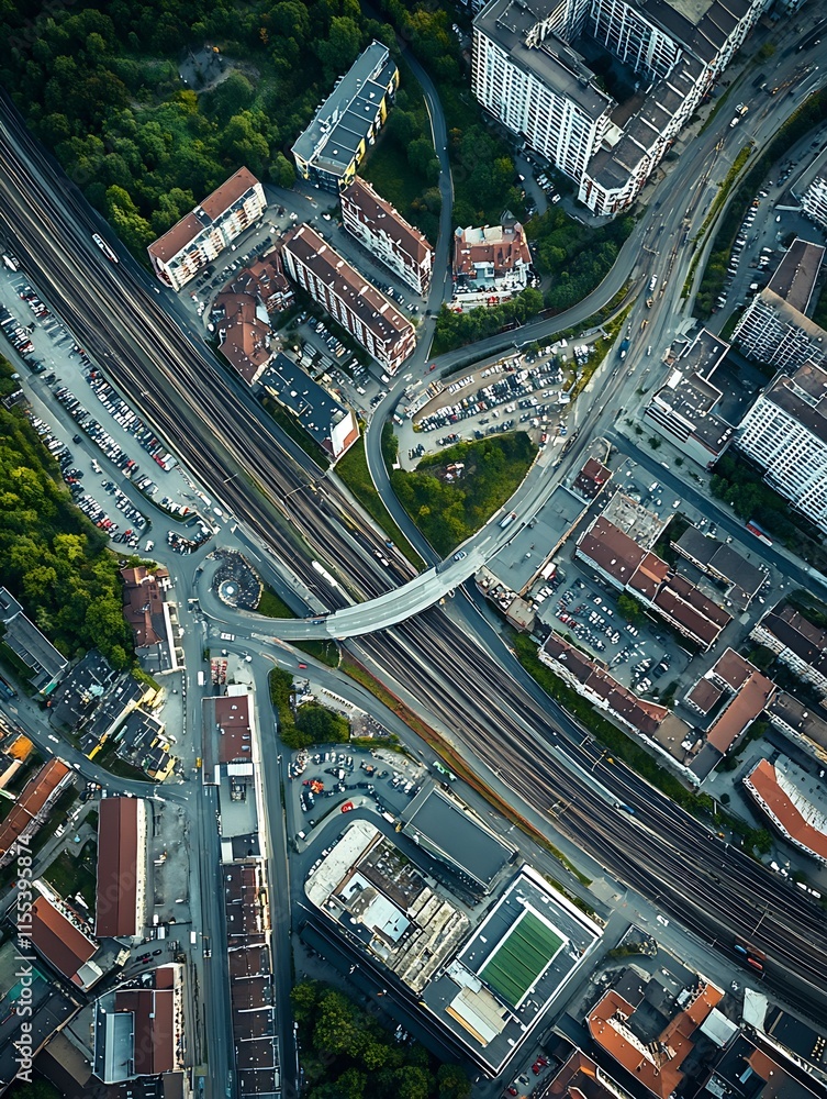Poster aerial view of urban intersection with highways and skyscrapers overlooking cityscape : generative a