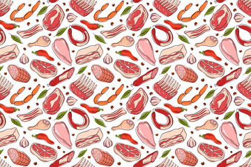 Seamless meat pattern in flat style with different meats on a white background. Steak, sausage, ribs and vegetable. Perfect for culinary project, packaging or restaurant menu.