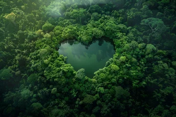 Aerial view of a heart shaped lake reflecting the lush green canopy of a tropical rainforest