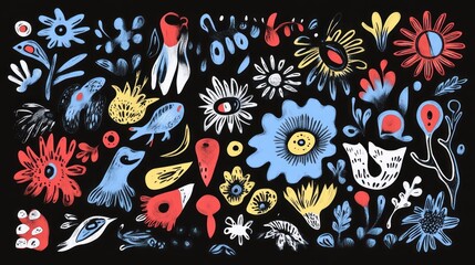 Vibrant Floral and Fauna Fantasy: A Whimsical Hand-Drawn Illustration