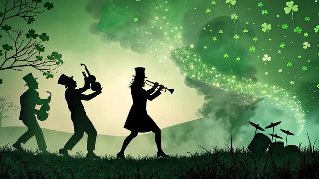 Enchanting celtic parade: silhouetted musicians with shamrock sparkle