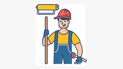 Professional Man Painting with Roller Line Icon in Flat Vector Style