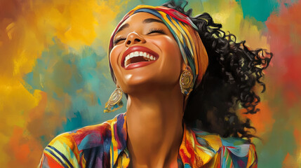 Naklejka premium Vibrant portrait of a joyful woman wearing colorful attire, exuding happiness and cultural style, enhancing artistic expression and positivity.