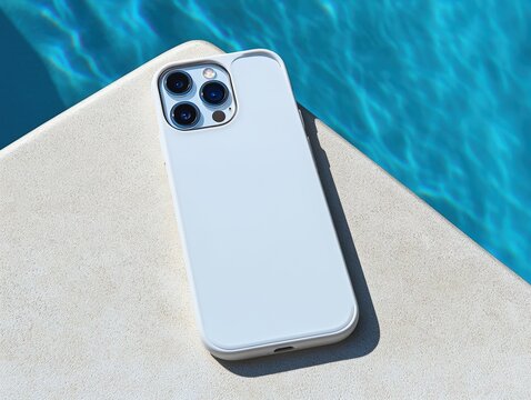 Modern Smartphone case mockup on Poolside with Calm Blue Water and Natural Lighting - Powered by Adobe