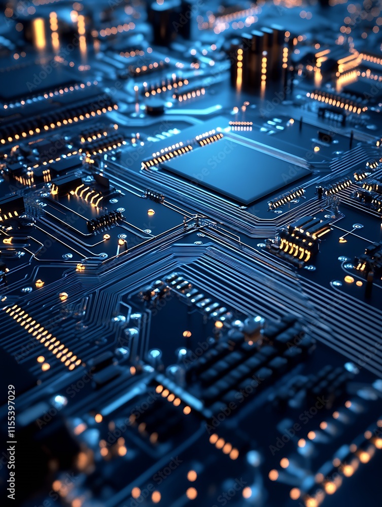 Aufkleber Futuristic Circuit Board with Illuminated Microchips and Integrated Technology : Generative AI