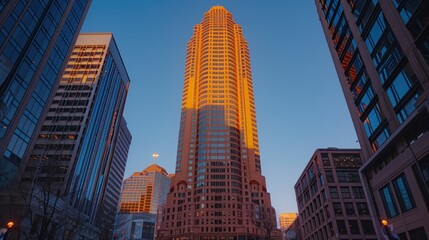 Fototapeta premium Low angle view of a tall skyscraper at sunset, surrounded by other buildings.