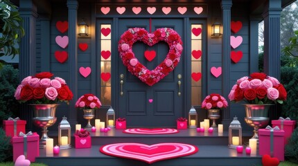 "A festive front porch decorated for Valentine's Day, featuring a large heart-shaped wreath adorned with red and pink flowers on a dark gray door. Smaller heart decorations are placed on the glass..