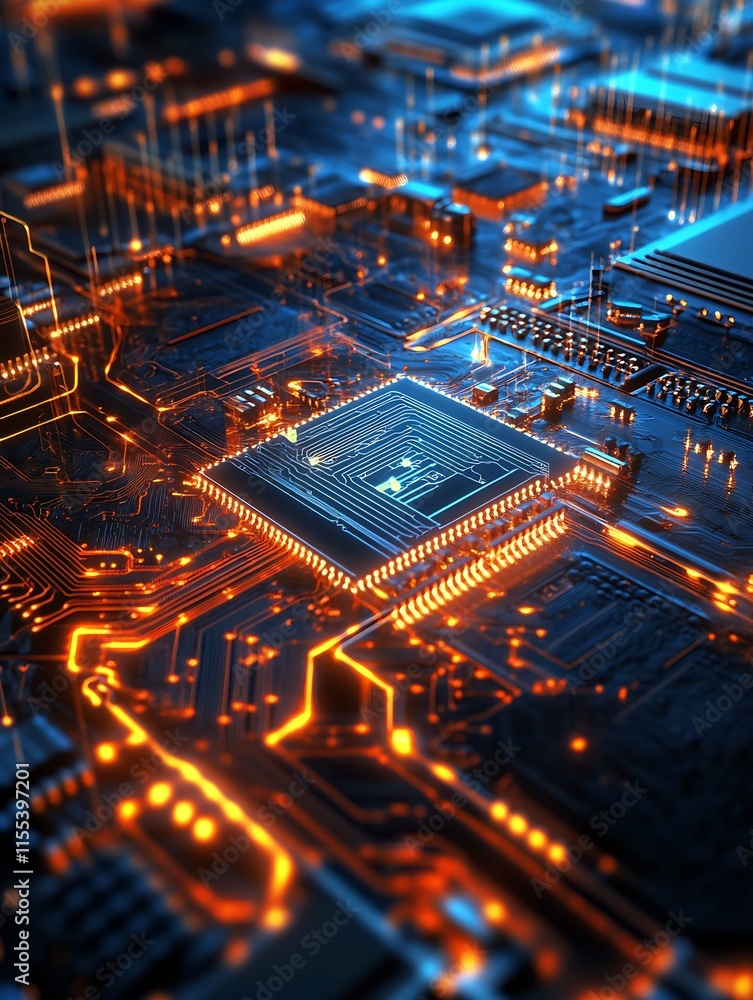 Poster futuristic circuit board closeup with glowing blue and orange light patterns : generative ai