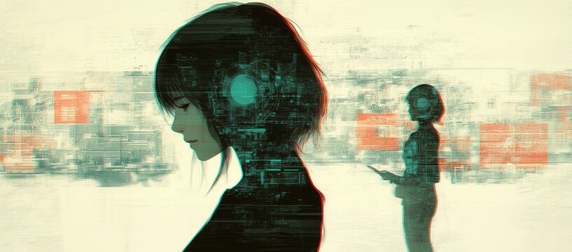 Woman with digital overlay, another woman in background.