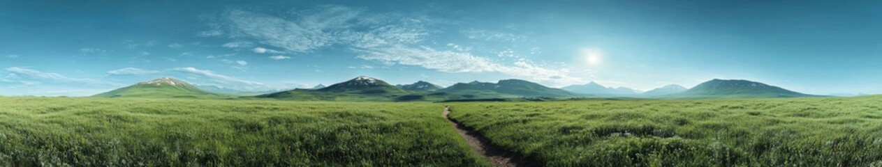 Fototapeta premium Panoramic shot of a beautiful green alpine landscape, with a blue sky and some clouds. The French Alps are visible in the background, with high mountains