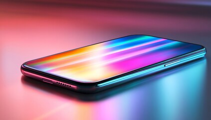 Sleek Smartphone on Floor with Flat Screen Reflecting Colorful Light Rays, Surrounded by Darkness and Soft Lighting