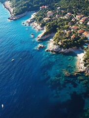 Stunning Aerial View of Coastal Town with Lush Greenery and Deep Blue Sea : Generative AI