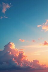 A beautiful photograph of a blue sky with white and orange clouds at sunset, sunset, atmosphere, orange sky