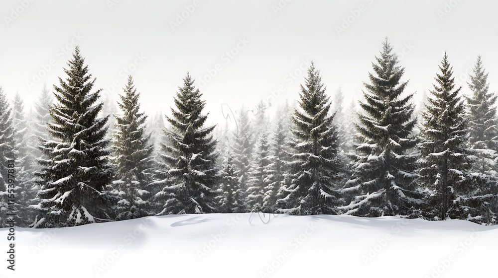 Poster serene winter forest with snow covered evergreen trees in idyllic landscape : generative ai