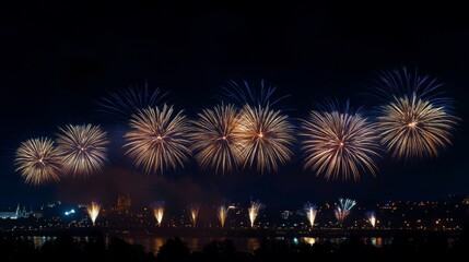 Naklejka premium Festive Fireworks Over City Skyline
