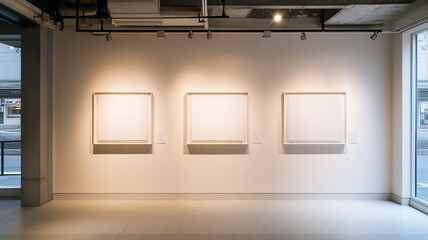 Three blank square frames on the wall of an art gallery