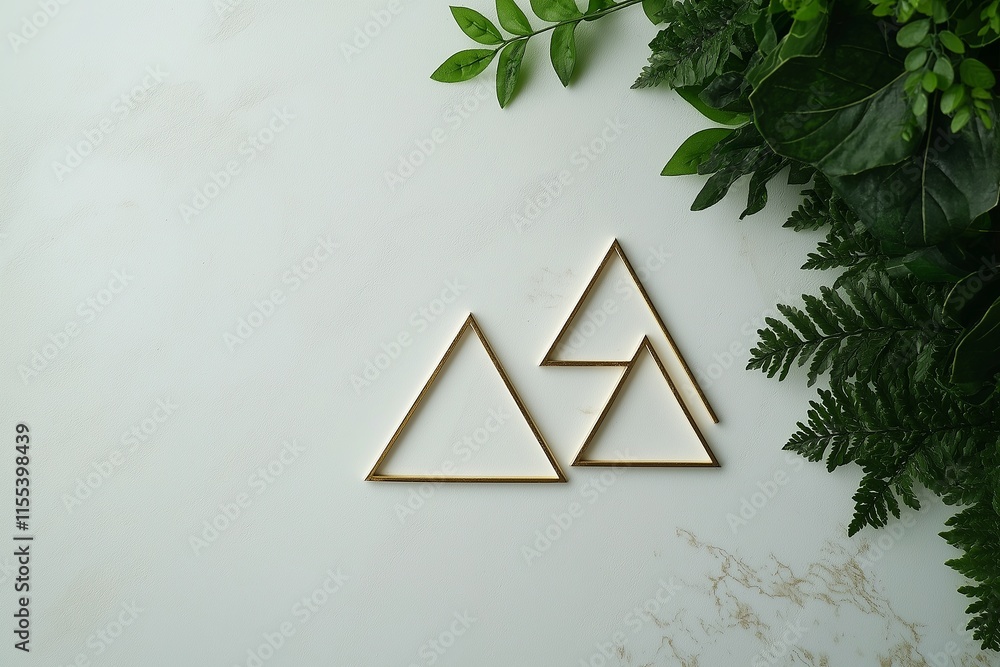 Poster A minimalist geometric design with three intersecting golden triangles on a white background