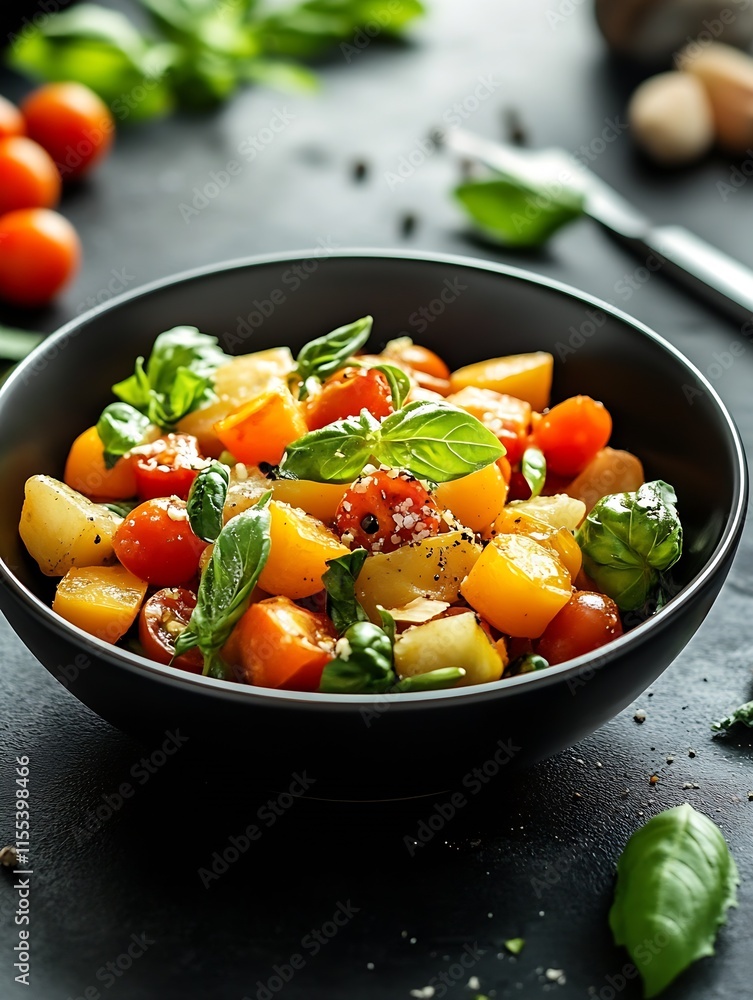 Poster fresh vibrant caprese salad with cherry tomatoes and basil on dark table : generative ai