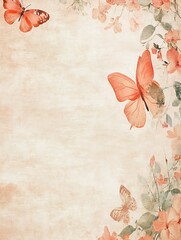 Vintage Floral Background with Butterflies and Soft Peach Tones : Generative AI