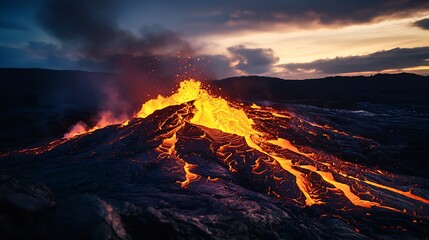 Fototapeta premium Dramatic Landscape of an Erupting Volcano with Glowing Lava at Dusk : Generative AI