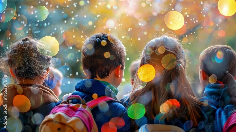 Poster hazy view of a group of kids huddled around a demonstration their curious faces alit with wonder and