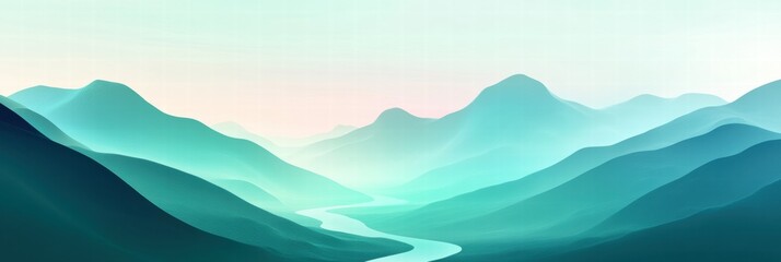 Majestic mountain range with winding river and tranquil atmosphere perfect for minimalist design. Generative AI