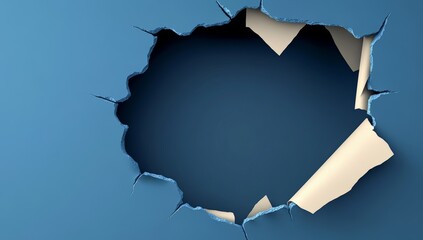 3D Hole in Wall with Ripped Paper on Dark Blue Background