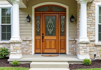 Main entrance door in house. Wooden front door with gabled porch and landing. Exterior of georgian style home cottage with columns and stone cladding