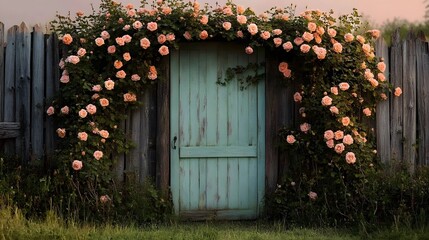 Enchanted garden entrance with vintage mint green door, floral arch, blooming roses, romantic setting, golden hour lighting, rustic countryside, whimsical doorway, cottage core aesthetic.