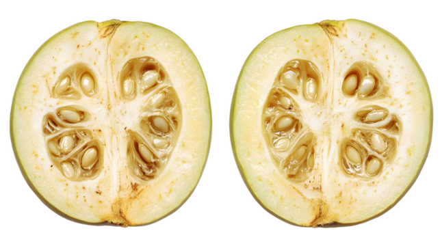 Cross-Section of Two Pale Yellow Fruits with Seeds Isolated On A White Background, PNG Transparent - Powered by Adobe