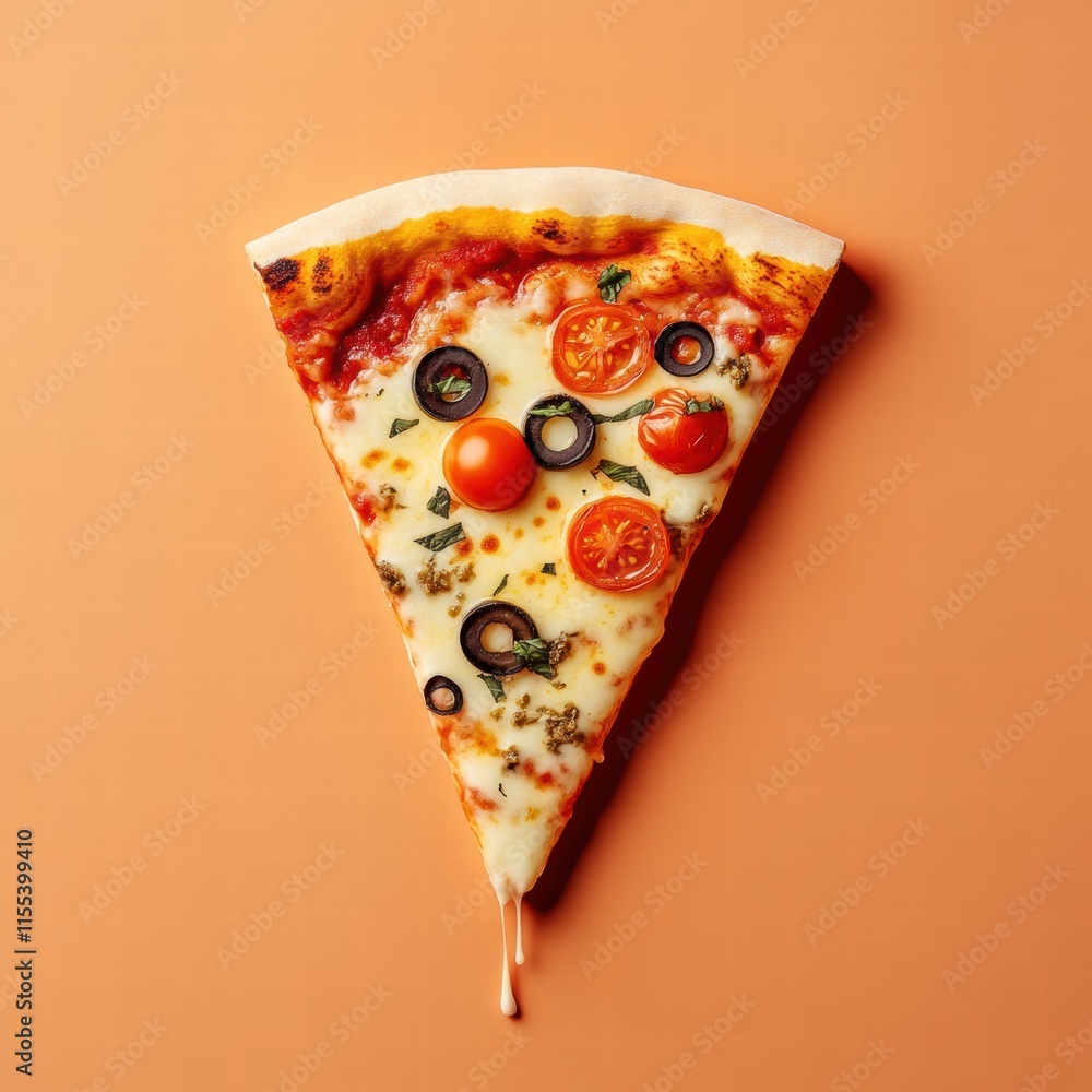 Poster colorful pizza slice with drippy cheese and stylized toppings against a minimalist background. gener