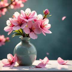 Obraz premium A blooming cherry blossom on a table with a vase and greenery, blossoms, vase, petal
