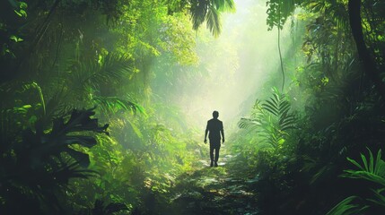 A lone figure walks through a lush, verdant jungle path bathed in sunlight