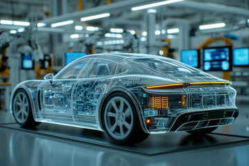 Innovative electric car technology showcased in futuristic automotive factory, highlighting state-of-the-art design and advanced manufacturing processes.