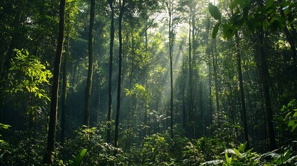Naklejka premium Serene Dense Green Forest with Sunlight Filtering Through Tall Trees : Generative AI