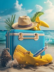 Beach Vacation Essentials Straw Hat Camera Flippers and Suitcase on Sandy Shore : Generative AI