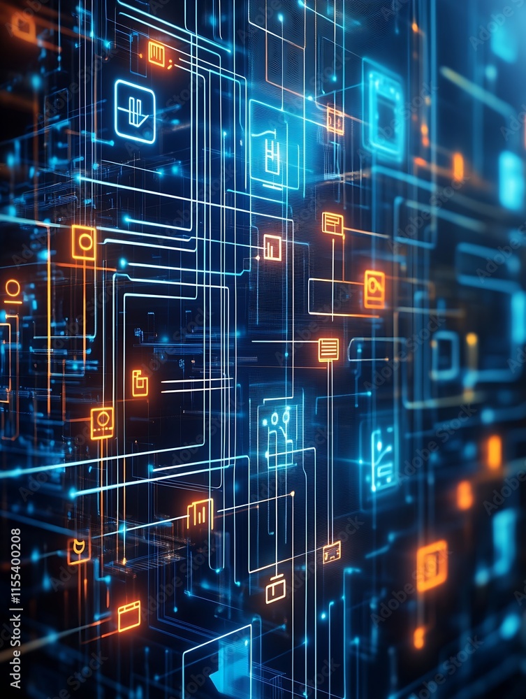 Poster innovative futuristic digital circuit board with glowing blue and orange elements : generative ai