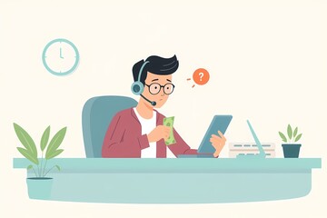 Customer Support Conundrum:  A customer service representative struggles with a complex customer inquiry, a digital illustration capturing the challenges of providing excellent support.  