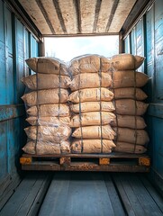 Cargo transportation featuring stacked sacks in shipping container : Generative AI