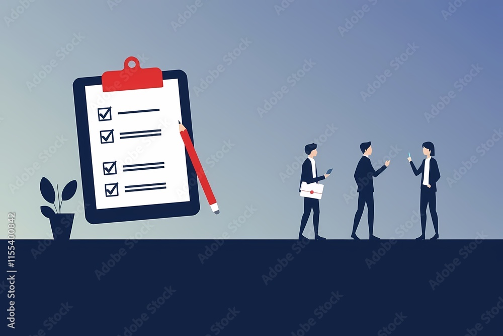 Poster teamwork and checklist: businesspeople collaborating on a project, symbolized by a large checklist. 