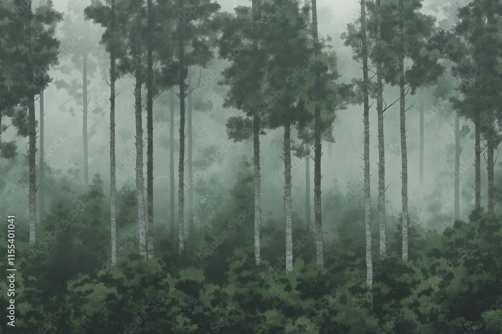 Poster a monochromatic forest of tall, thin trees in soft gray tones