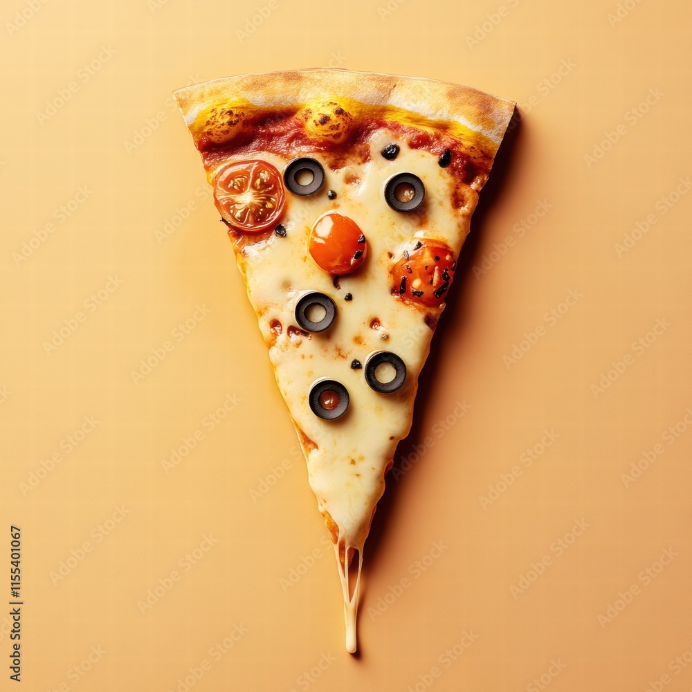 Poster Delicious pizza slice with stylized toppings and cheese drips displayed on a minimalist background. Generative AI
