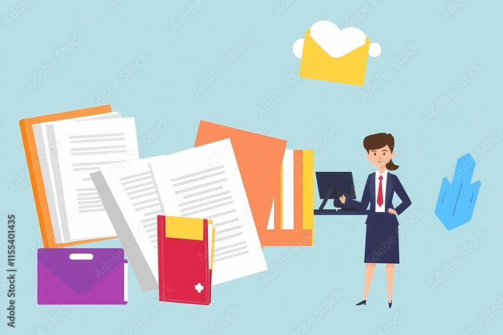 Poster efficient data management: businesswoman with laptop and documents. cloud storage, data transfer and