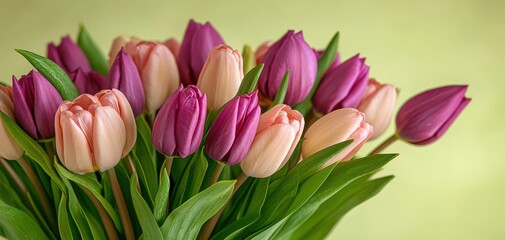 Obraz premium Beautiful Bouquet of Pink and Purple Tulips Against a Soft Green Background, Perfect for Spring Arrangements and Floral Decorations