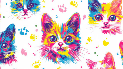Colorful Artistic Cat Illustrations with Paw Prints on White Background for Creative Projects and Designs